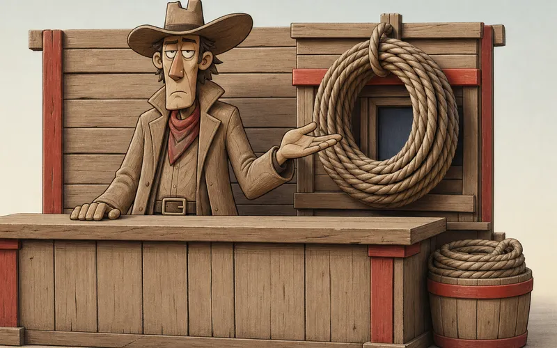Deacon Wick behind the counter, showing a coiled rope on the wall